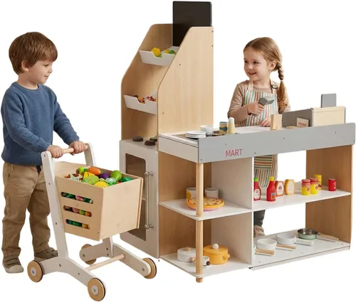 Costzon Juego de simulación para tienda de comestibles, tienda de juegos de madera, juego de supermercado para niños pequeños con caja registradora,
