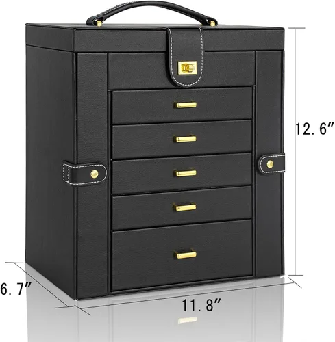 Miniatura 7 de AKOZLIN Gran joyero organizador funcional con cerradura, estuche grande de almacenamiento de joyas de cuero para mujeres y niñas, anillo collar
