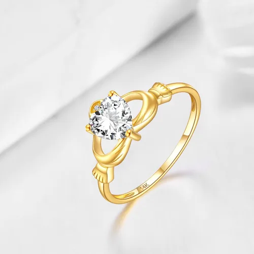 Miniatura 2 de ELFRONT Anillo de corazón de Claddagh irlandés de oro macizo de 14 quilates, joyería celta con moissanita para mujer, lealtad, promesa, compromiso