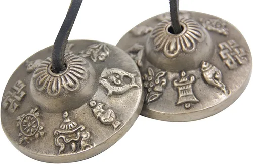 Miniatura 3 de Jive® Campanas tibetanas de Tingsha hechas a mano y afinadas con 8 símbolos de la suerte, incluye bolsa, calidad premium pesada, tamaño grande