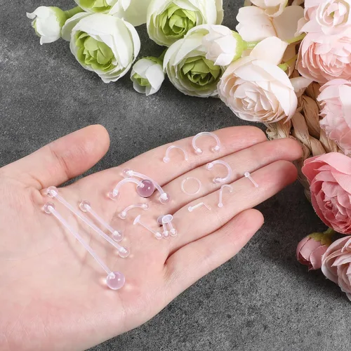 Miniatura 4 de TIESOME 48 retenedores de piercing transparentes, 15 estilos de aretes transparentes para deportes de trabajo, cirugía de acrílico con parte