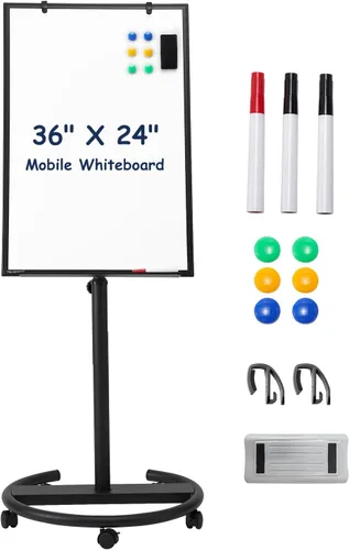 Miniatura 8 de TSJ OFFICE Pizarra blanca móvil de pie, 36 x 24 pulgadas, pizarra blanca magnética rodante, altura ajustable, pizarra de borrado en seco sobre Negro