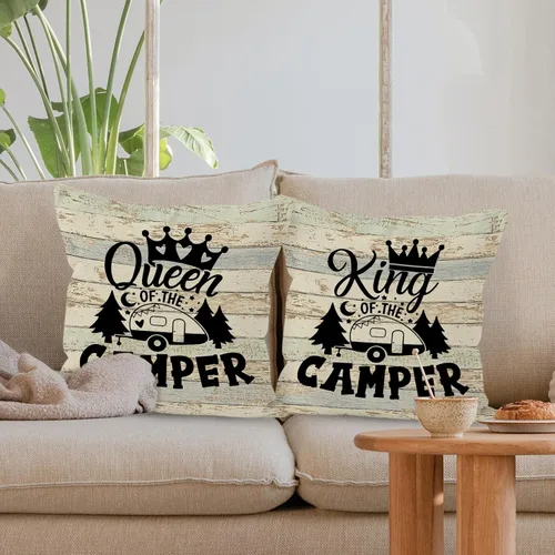 Miniatura 4 de Juego de 2 fundas de almohada con diseño de King Queen of The Camper, divertidos regalos para parejas, parejas de campamento, 18 x 18 pulgadas