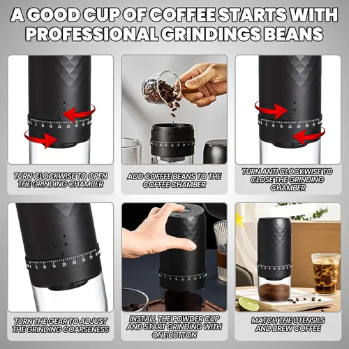 Miniatura 2 de Molinillo de café eléctrico portátil con 40 ajustes ajustables, pequeño molinillo de café expreso recargable con múltiples ajustes de molienda