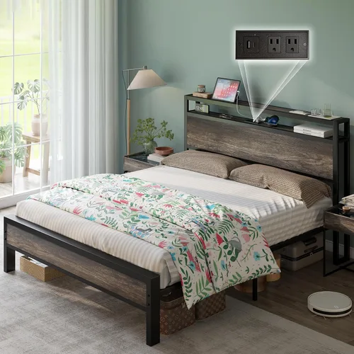 Miniatura 10 de LUXOAK Marco de cama tamaño Queen, marco de cama de plataforma con cabecera de almacenamiento de 2 niveles y estación de carga, no necesita somier