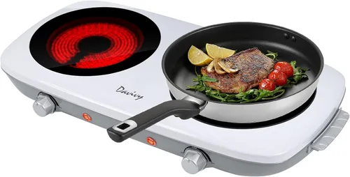 Davivy Placa eléctrica de doble quemador, estufa eléctrica portátil de 1800 W (2 x 900 W), placa de cocina de 2 quemadores con vidrio de cerámica