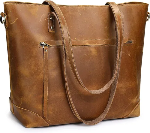 S-ZONE - Bolso de mano de piel auténtica vintage para portátil, Bolsa de trabajo para mujeres con bolsillo trasero con cremallera