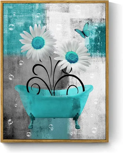 Miniatura 19 de HVEST Arte de pared retro floral morado para sala de estar, casa de campo, margaritas y mariposas en lienzo geométrico abstracto, arte de pared