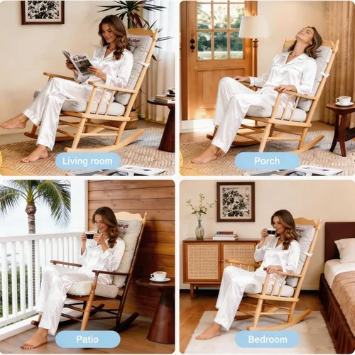 Miniatura 2 de Big Hippo Juego de cojines para silla mecedora con lazos, respaldo grueso copetudo y almohadillas de asiento para deslizador de madera y guardería