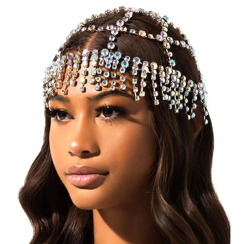 Miniatura 2 de NAISKA Diadema de malla con diamantes de imitación de los años 20, con borla plateada, cadena de cabeza de cristal, tocados de novia, vintage