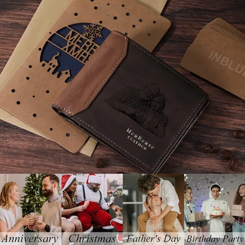 Miniatura 30 de INBLUE Billetera plegable grabada personalizada, cartera de cuero personalizada con foto y texto grabado, regalos para hombres, marido, papá, hijo