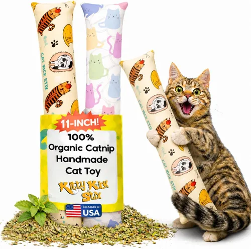 Kitty Kick Stix Juego de 2 (11 pulgadas) – Juguete duradero para gatos – Pateador de hierba gatera para gatos y gatitos – Juguetes interactivos para