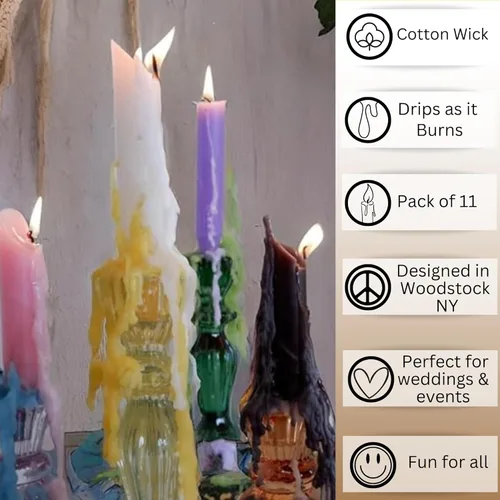 Miniatura 8 de Candlestock Hippie Drippy Drip Candles - Paquete de 11 velas cónicas de goteo – Velas de fusión de botellas de vino (arcoíris hippie)