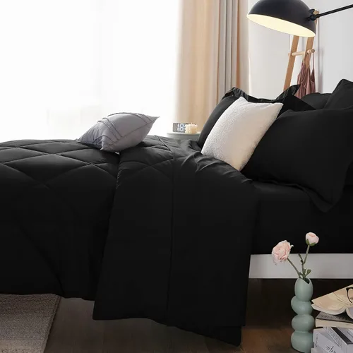 Miniatura 9 de CozyLux Juego de edredón tamaño King negro – Juego de cama de 7 piezas en una bolsa, juego de cama suave de lujo para todas las estaciones, juego