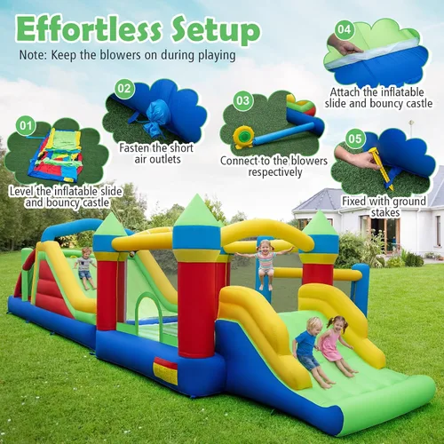 Miniatura 8 de BOUNTECH Casa de rebote inflable con obstáculos, enorme castillo hinchable seccional para niños grandes de 3 a 12 años con toboganes dobles