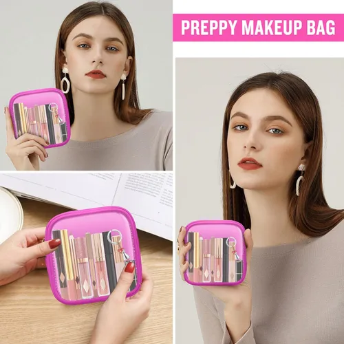 Miniatura 5 de izuzta Bolsa de Maquillaje Pequeña de Nylon, Linda Bolso Preppy, Bolsa de Cosméticos con Cremallera, Rosa fuerte, Mini 2-Rosa fuerte