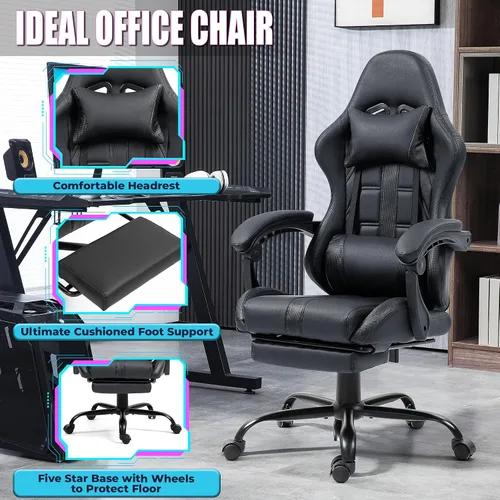 Miniatura 7 de Silla de masaje para juegos con reposapiés, silla ergonómica de PC con respaldo alto con reposacabezas y lumbar, silla giratoria de PU para Negro