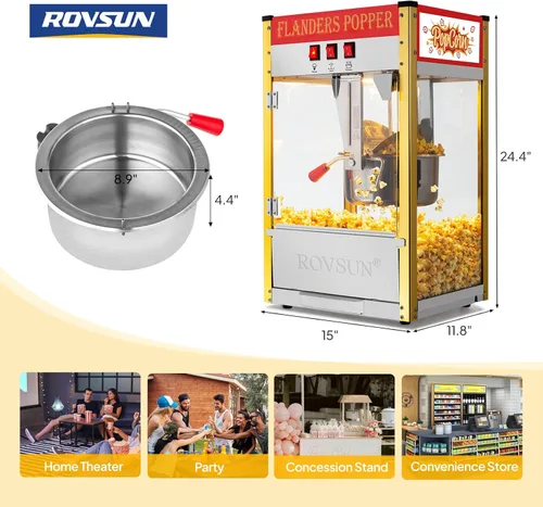 Miniatura 7 de ROVSUN Máquina de palomitas de maíz estilo cine con hervidor de 10 onzas que hace hasta 4 galones certificado ETL, máquina comercial de palomitas