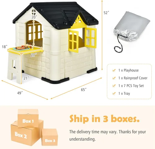 Miniatura 7 de Costzon Casa de juegos para niños, juegos de jardín al aire libre con puertas y ventanas de trabajo, casa de juguetes de simulación con mesa