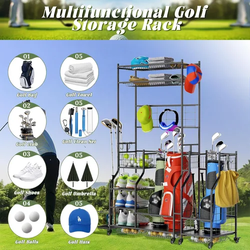 Miniatura 6 de ROOMTEC Organizador de almacenamiento de bolsas de golf, estante de almacenamiento de bolsas de golf para garaje, estante de almacenamiento