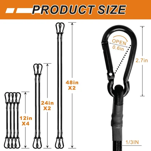 Miniatura 5 de BEXSLE Cuerdas elásticas con ganchos de mosquetón resistentes, correas elásticas negras para exteriores, cuerda elástica de grado industrial fuerte