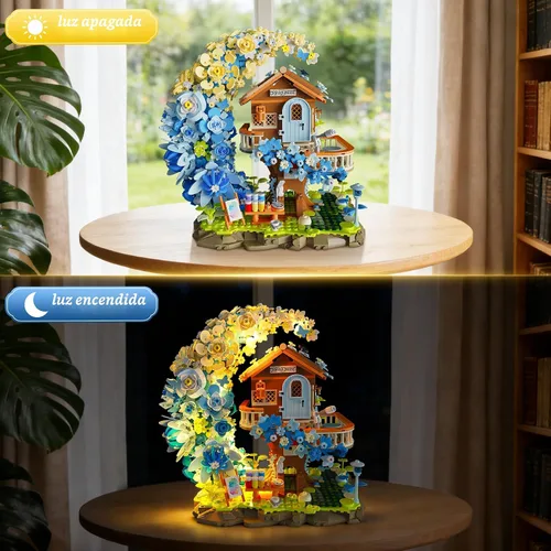 Miniatura 2 de Blue Moon - Juego de construcción de casa de flores con luz, colección botánica, kit de bloques de construcción de casa del árbol, compatible