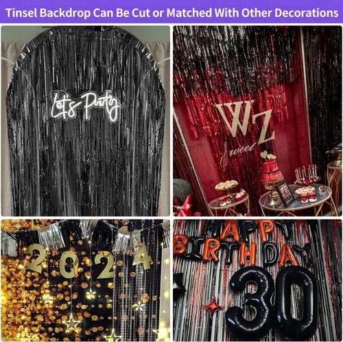 Miniatura 5 de Cortinas de flecos de papel de aluminio de oropel negro de 3.3 x 8.2 pies, telón de fondo de flecos negros para decoración de fiestas