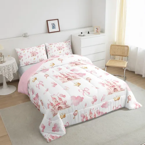 Miniatura 5 de Feelyou - Juego de funda de edredón para niños, castillo rosa, tamaño individual, lindo juego de edredón con moño, juego de cama para niños y niñas