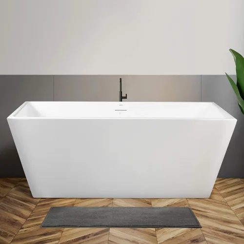 FerdY Palawan - Bañera independiente de acrílico de 59 pulgadas, diseño contemporáneo rectangular para bañera de inmersión independiente, Drenaje de