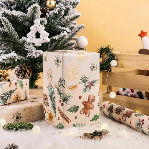 Miniatura 5 de RUSPEPA Reversible Christmas Wrapping Paper Roll, Mini Roll, Gingerbread Pinecone and Snowflake Design Gift Wrap for Christmas Presents, Winter