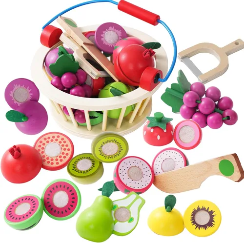 Juguetes de madera para cortar frutas, juego de alimentos para cocina de niños, juego de frutas y verduras cortables, con cesta de picnic,