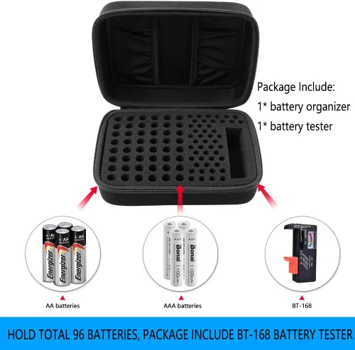 Miniatura 4 de Comecase Caja Organizadora de Almacenamiento para Baterías, Estuche Portapilas para 48 x AA, 48 x AAA, Total 96 Baterías con Probador de Baterías, 2