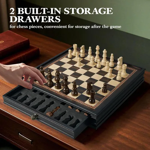 Miniatura 8 de BIVOMON Juego de ajedrez de madera de 12.5 pulgadas, piezas de ajedrez magnéticas con 2 cajones de almacenamiento integrados - juego de tablero