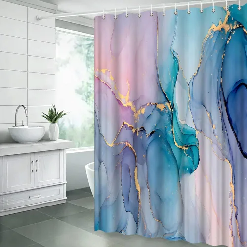 Cortina de ducha de mármol verde azulado y rosa, moderna, abstracta con textura de mármol azul, rayas doradas, elegante decoración de tela de lujo,