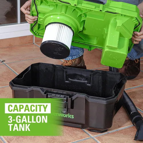 Miniatura 6 de Greenworks Aspiradora inalámbrica de 24 V sin escobillas de 3 galones con manguera, herramienta para hendiduras, boquilla de piso, batería de 4.0 Ah