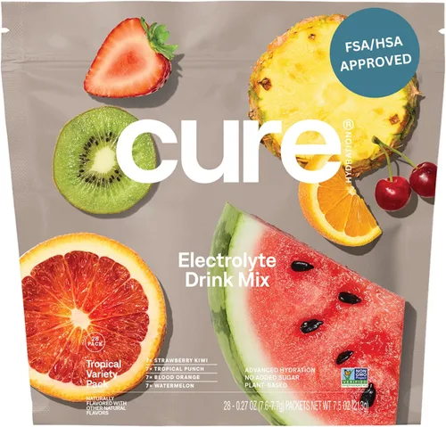 Cure Hydration | Mezcla de bebida con electrolitos a base de plantas | Sin azúcar añadida | FSA-HSA | Polvo para alivio de deshidratación hecho con