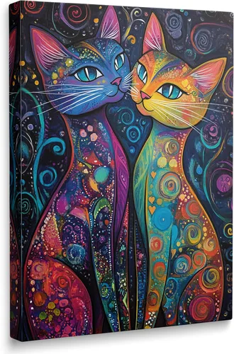 Cuadro abstracto colorido de gatos místicos de fantasía, decoración de pared enmarcada de animales de dibujos animados, arte de pared vibrantes