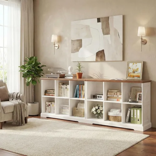 Miniatura 6 de IRONCK Organizador de almacenamiento de 6 cubos, estante de madera con almacenamiento, estantería de granja para dormitorio, sala de estar y oficina