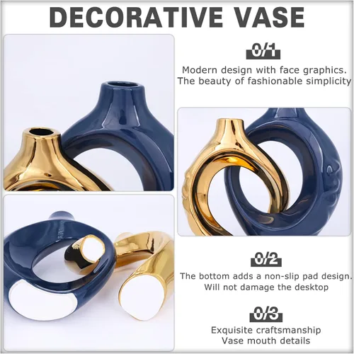 Miniatura 5 de Jarrón de cerámica azul marino para decoración del hogar, jarrón redondo azul marino dorado con agujeros, juego de 2, adecuado para decoración