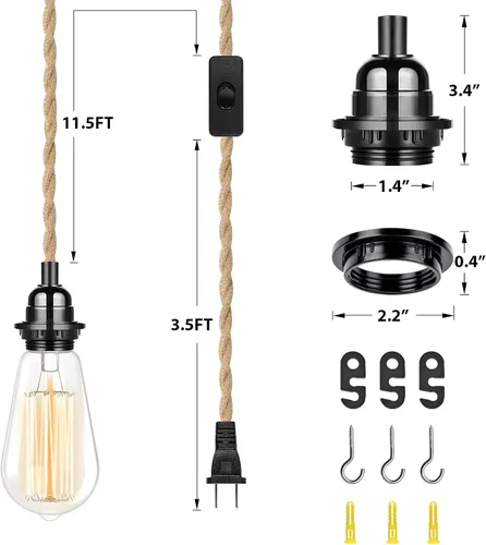 Miniatura 5 de Lámpara colgante enchufable, cable de lámpara colgante de 15 pies con interruptor, casquillo de bombilla E26, lámparas aéreas industriales DIY