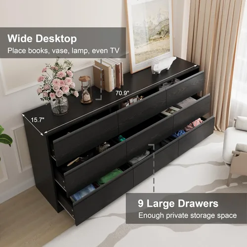 Miniatura 3 de Cómoda de 70.9 pulgadas para dormitorio con 9 cajones, cómoda grande y moderna con cajones profundos, cómoda doble ancha sin manijas, organizador