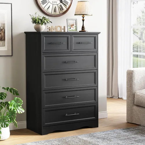 Miniatura 2 de YANSNWO Cómoda de Granja Negra para Dormitorio, Moderna Cómoda de 6 Cajones, Cómoda Alta de 44" con Manijas de Metal Cepillado, Organizadores