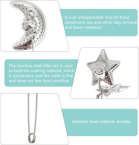 Miniatura 6 de NUOBESTY Juego de 2 infusores de té de acero inoxidable con clip de agarre largo en coladores de té en forma de estrella y luna para preparar hojas