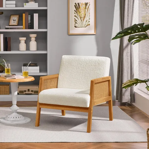 Miniatura 4 de Yaheetech Silla decorativa, sillón moderno de ratán, cómoda silla de lino con patas de madera para sala de estar, dormitorio, sala de lectura, Beige