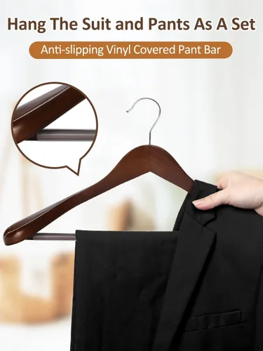 Miniatura 5 de AMKUFO Perchas de Madera de Hombro Ancho Paquete de 8 Perchas para Abrigos con Barra Antideslizante para Pantalones, Perchas de Traje de Servicio