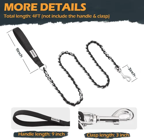 Miniatura 7 de Correa de cadena para perro a prueba de mordidas para perros medianos y grandes, cadena de eslabones antimasticación de 5.2 pies/4 pies, fuerte