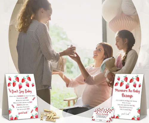 Miniatura 4 de QOFO 2 juegos de fresa para baby shower, no digas juegos de pinzas para la ropa, mide la panza del bebé, decoraciones de baby shower, juego de baby