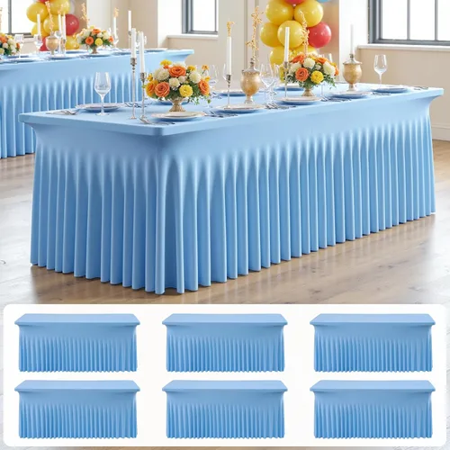 Miniatura 71 de Paquete de 2 manteles de elastano azul bebé de 6 pies con falda de mesa con volantes, manteles ajustables elásticos sin arrugas para mesas