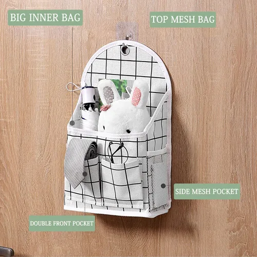 Miniatura 6 de FuninCrea Bolsa de almacenamiento para colgar en la pared, organizador de lino a cuadros blanco y negro, para montar en la pared, sin perforaciones