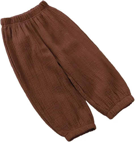 Miniatura 4 de Kids Tales Paquete de 3 pantalones de lino de algodón para niños y niñas, pantalones básicos lisos lisos para niños grandes, cintura elástica